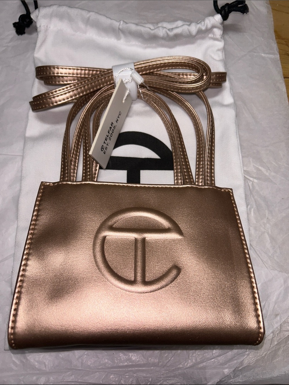 Telfar metallic 2 way carry shopper tote , iconic embossed logo& DustbagNWT
